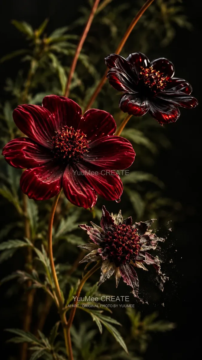 Dark red flowers with glossy sculptural petals