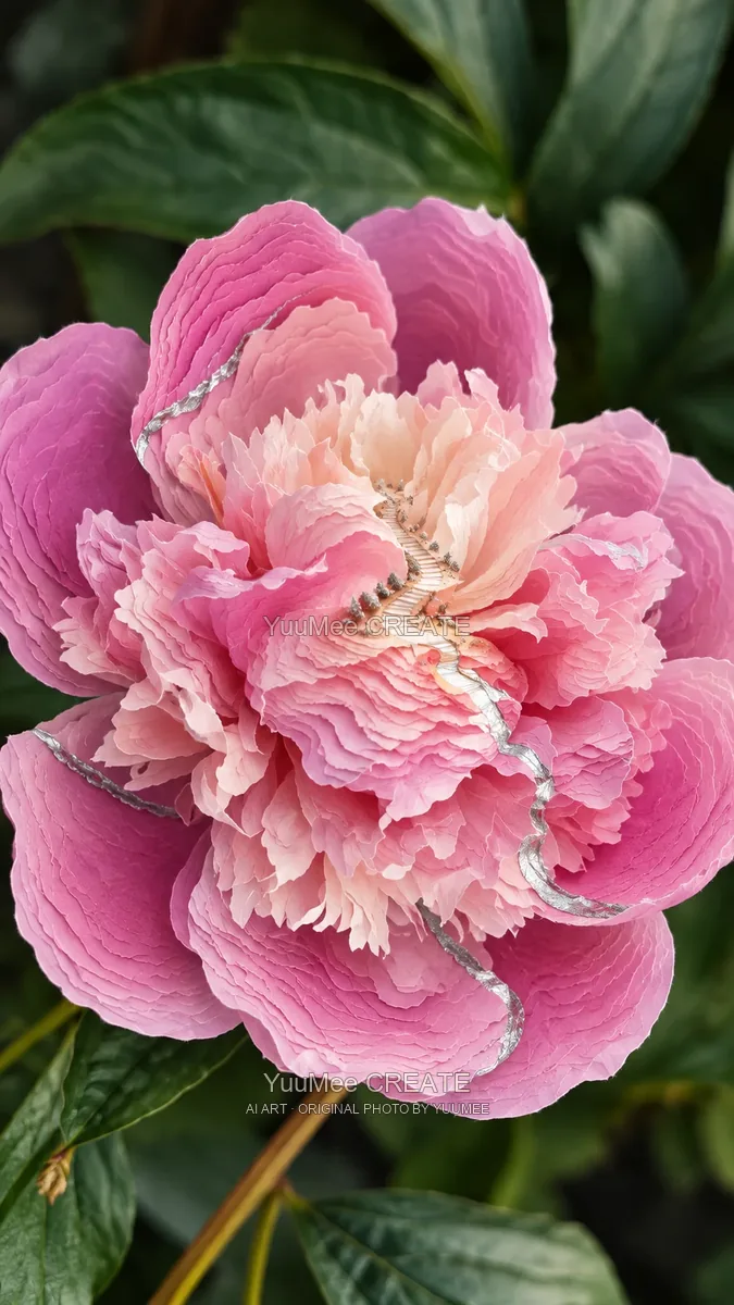 A miniature stairway winding through a pink flower