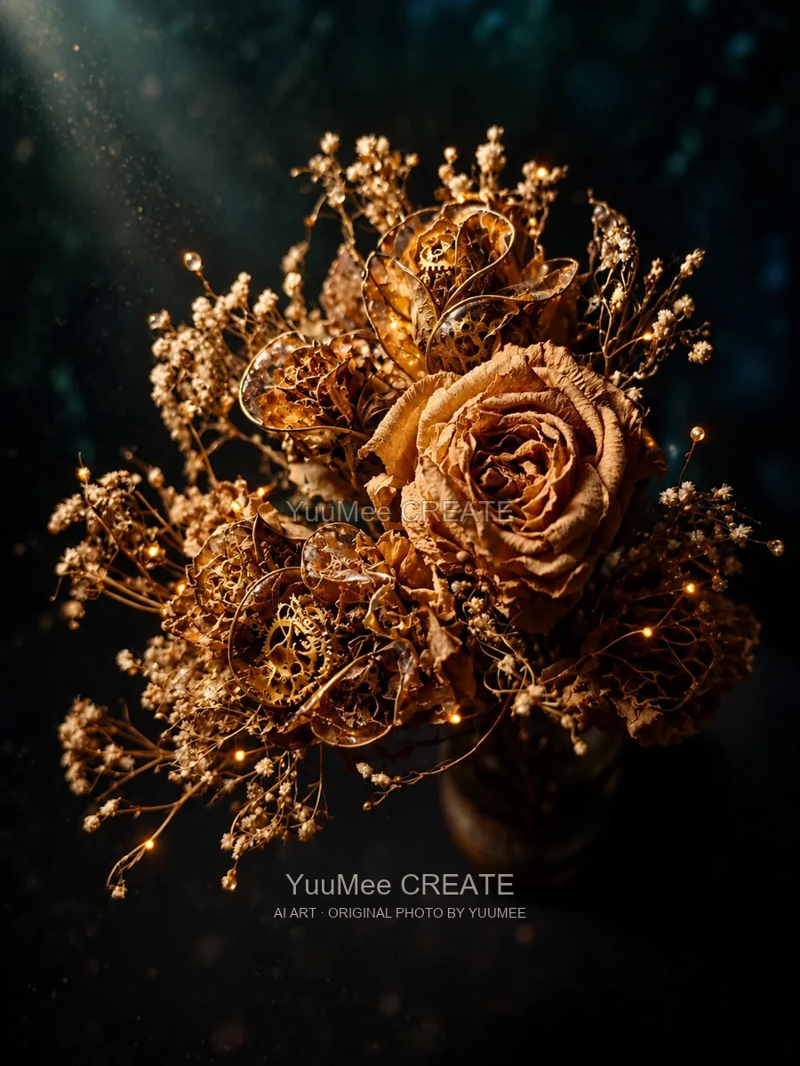 Dried roses transformed with delicate golden filigree