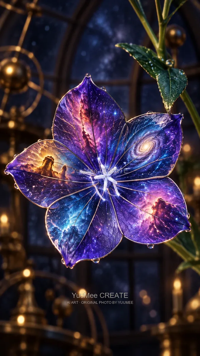 A purple flower with galaxies glowing inside its petals