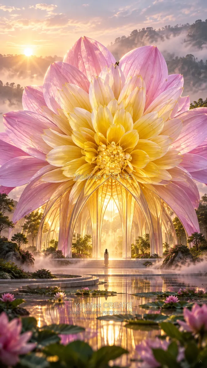 A monumental pink and gold flower sheltering a sunlit sanctuary