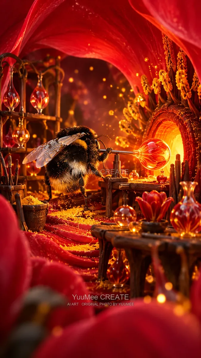 A bumblebee crafting glowing glass inside a red flower