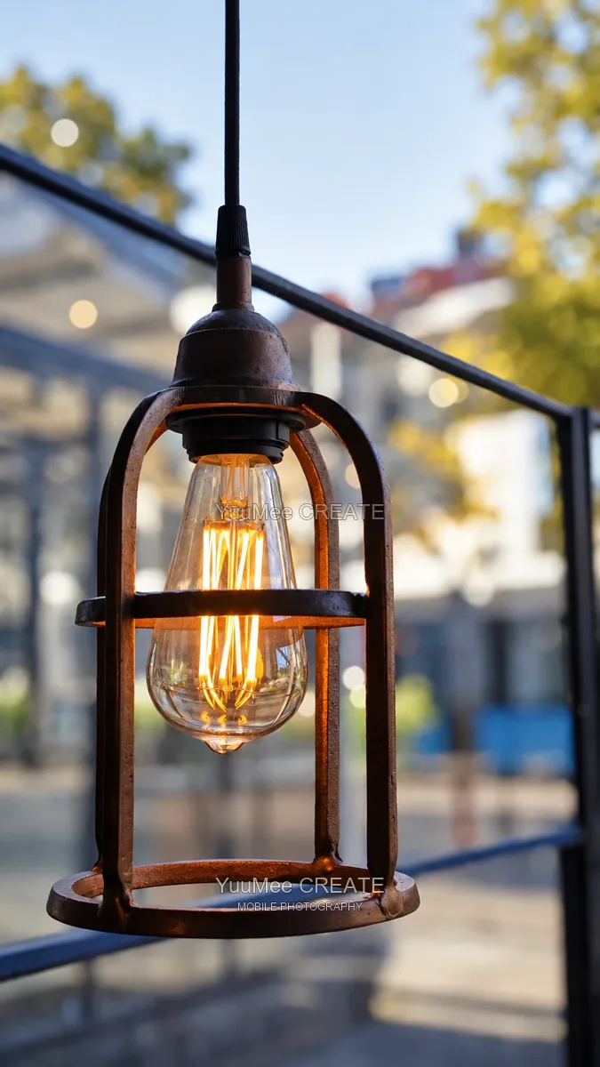 A warm filament lamp against a softly blurred street
