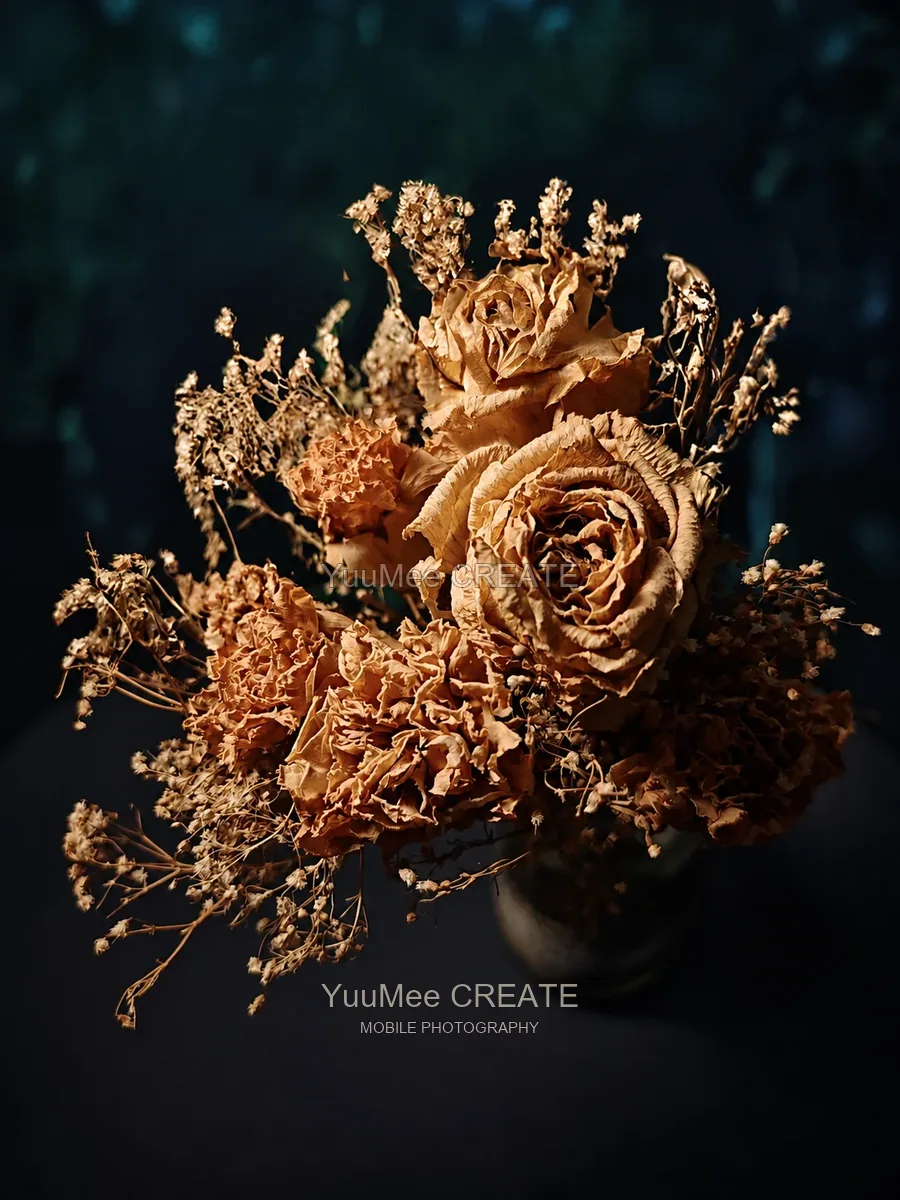 Golden dried roses against a dark background