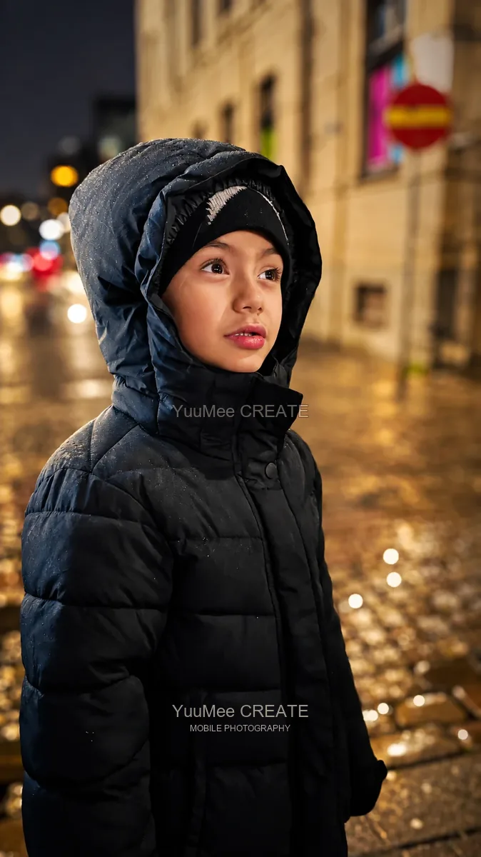 A portrait on a rainy evening, with warm street lights behind