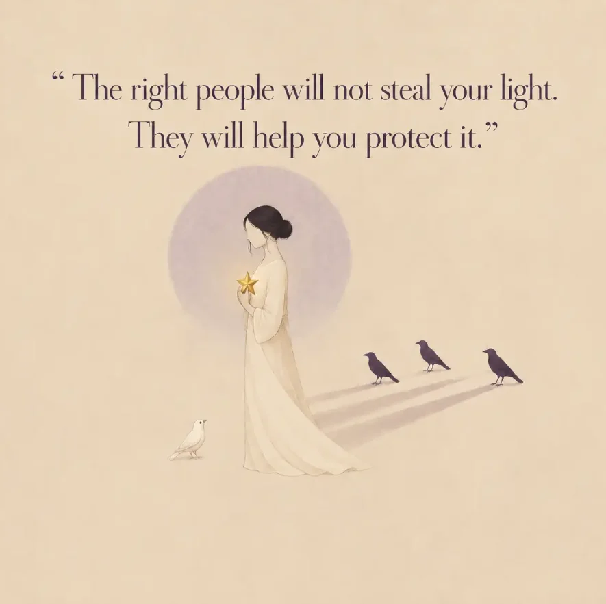 Illustration of a woman holding a gold star, with a white bird beside her and three dark birds behind her, beneath a quote about protecting your light.